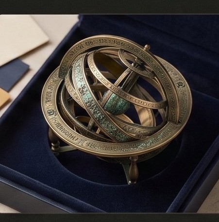 a brass armillary sphere in a navy velvet presentation box