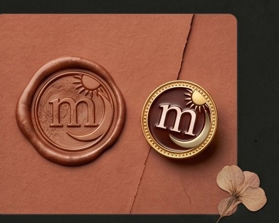 a wax seal and a gilt coin, each bearing the ‘m’ meridian monogram on terracotta