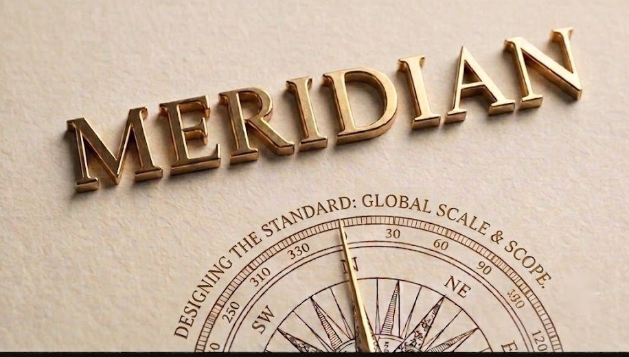 a letterpressed ‘meridian’ wordmark embossed on cream paper above a compass-rose engraving