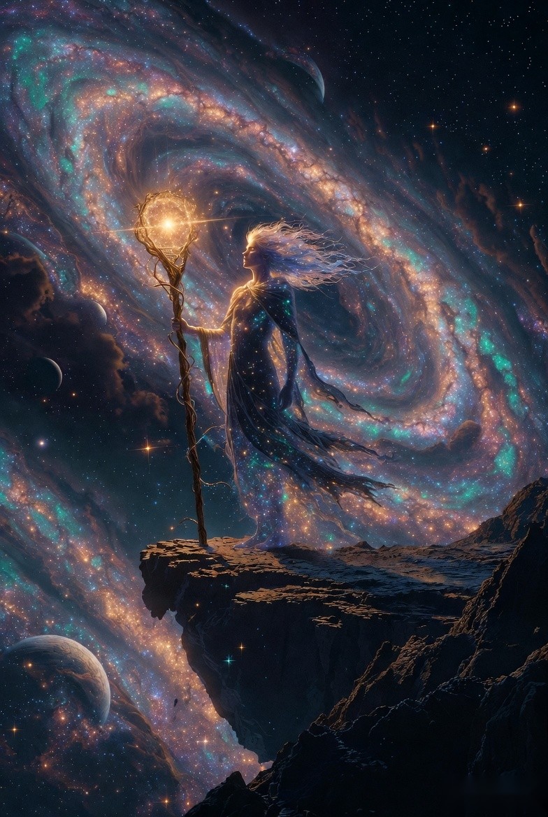 a celestial wanderer with a glowing staff before a galaxy, full image, ai-generated imagery